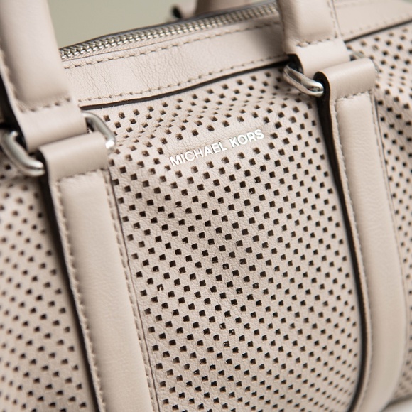 Michael Kors Purse Libby Perforated Leather Grey Taupe Removable Crossbody Strap - Picture 2 of 5